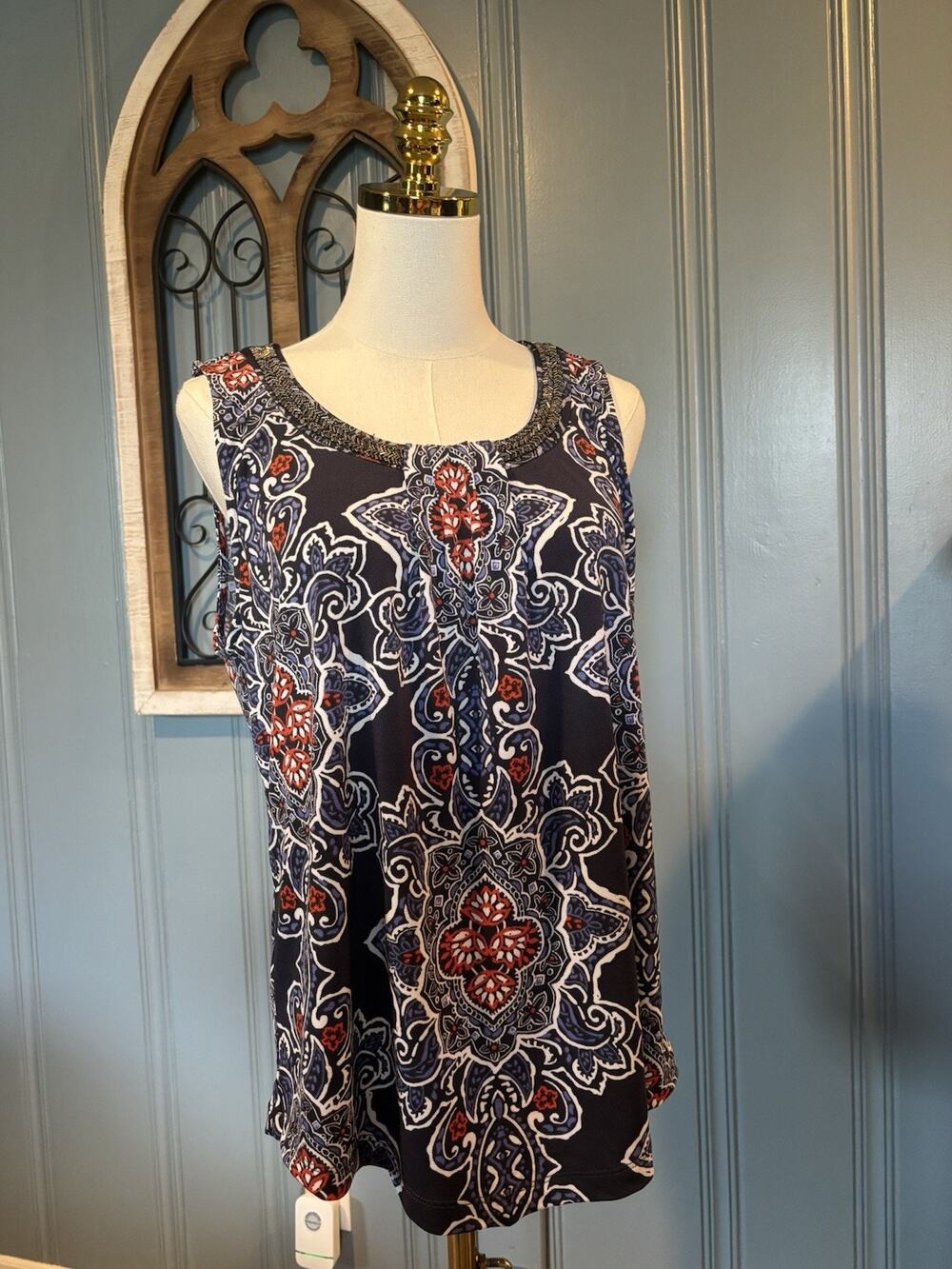 Magnolia Grace Womens Heritage L Navy Red White Paisley Beaded Sleeveless Tank